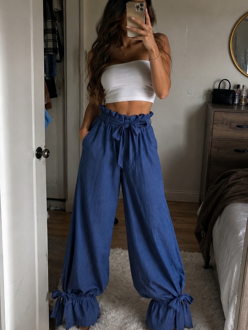 High-Rise Paperbag Wide-Leg Pants with Waist Tie - Blue